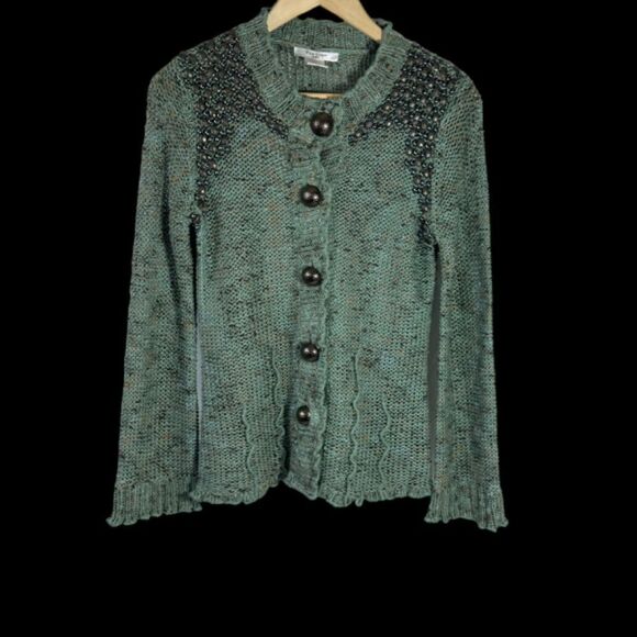 Vertigo Paris Green Heather Knit Sweater Studded Shoulder Deco Details Sz M - Picture 1 of 7